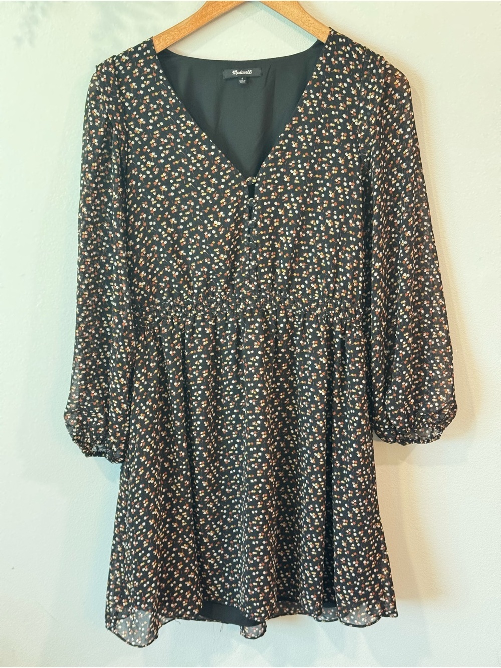 Madewell Black Floral V-Neck Long Sleeve Babydoll Dress Sz Small